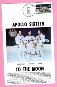 5X8 card showing the crew of Apollo 16- Moon Landing Day 4/20/72