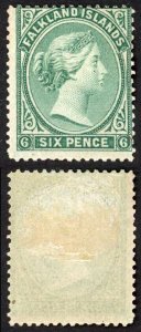 Falkland Is SG3 6d Blue-green No wmk M/Mint (hinge remainder)