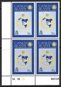 CAYMAN ISLANDS 1980 50c Rotary International Plate Block of 4 Sc 436 MNH