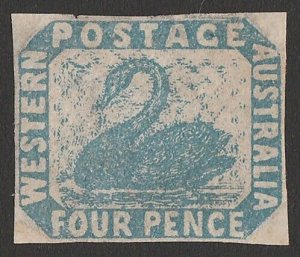 WESTERN AUSTRALIA 1854 Swan 4d blue, imperf, variety P of PENCE with small head.