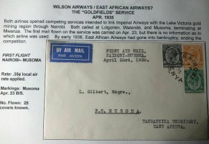 1935 Nairobi Kenya British KUT First Flight Cover FFC To Musoma Tanganyika