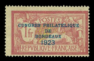 FRANCE  1923 Bordeux Philatelic Congress overprint  1fr claret Scott# 197 min MH