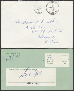 1971 Cover Posted Without Stamps With Notice of Postage Due Card Ottawa