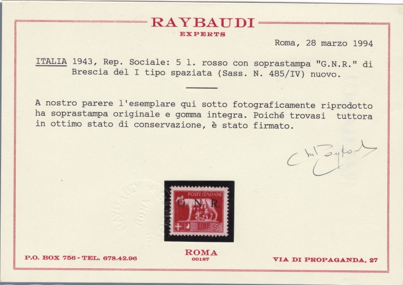 1943 Italian Social Republic, No. 470/A-485/A Three Value Series with INTEGRAL R