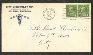 USA #597 (x2) STAMPS SAN DIEGO CALIFORNIA CITY CHEVROLET CO. AD COVER 1939