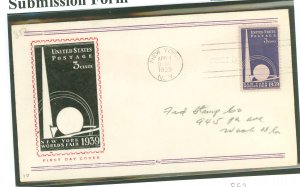 US 853 1939 3c New York World's Fair (Trylon & Perisphere) single on an addressed first day cover with a Fidelity cachet.