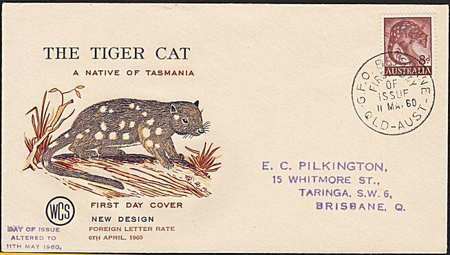 AUSTRALIA 1958 WCS FDC 8d Tiger Cat - issue date change handstamp...........9361