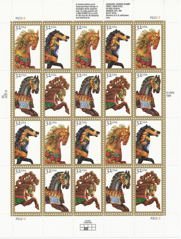 Scott 2976-7979 Carousel Horses Pane of 20 MNH stamps