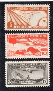 Venezuela 1937 5c to 15c Airmail, Scott C47-C49 MH & used, value = $1.15