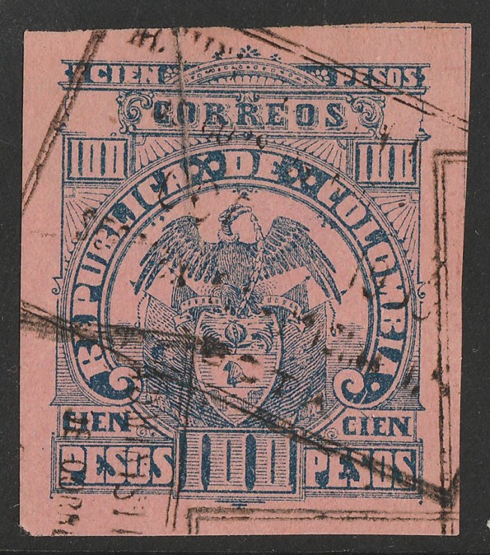 COLOMBIA : 1902 Arms 100P deep blue on deep rose, imperf top value.