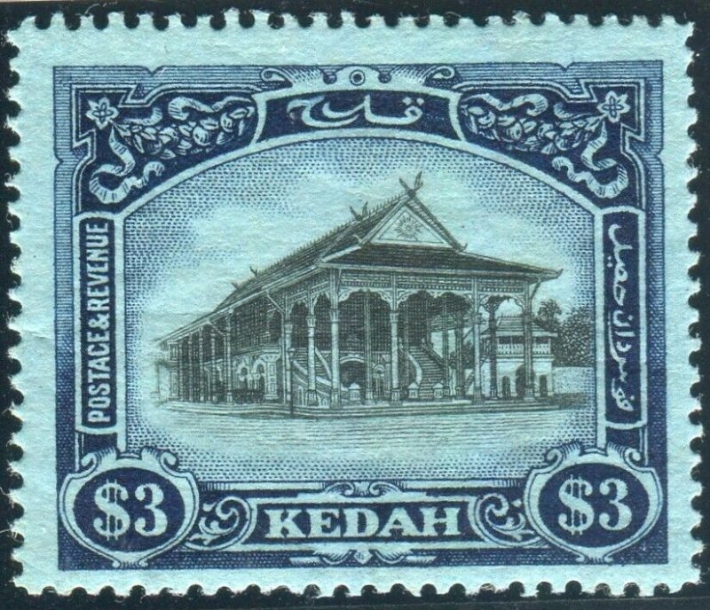 KEDAH-1912 $3 Black & Blue/Blue.  A mounted mint example Sg 13