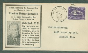 US U526 1933 March 4, 1933 FDR first inauguration, Hyde Park, NY cancel on an addressed (typed) cover with a NY American (newspa