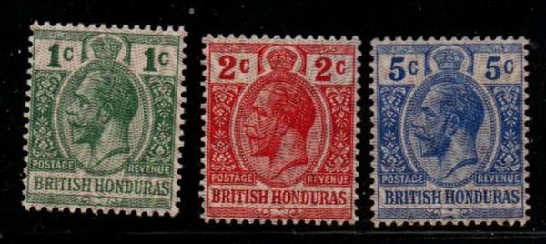 British Honduras Sc 85-7 1915 G V stamp set with moire overprint mint