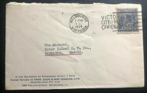 1934 Melbourne Australia Slogan Cancel Cover To Honolulu Hawaii City Centenary B