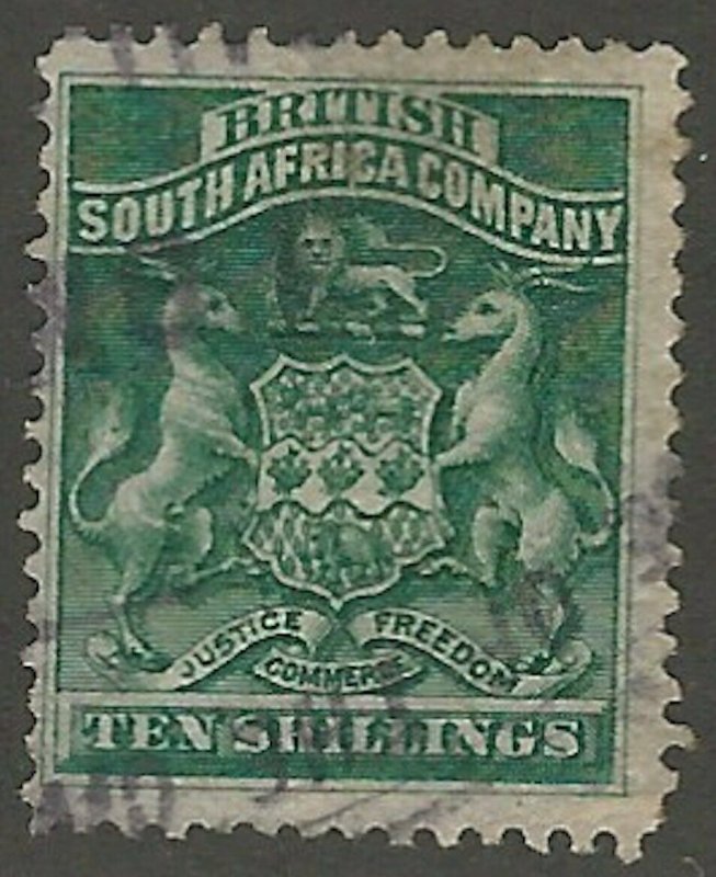 Rhodesia, Scott #15, 10sh deep green, used, fine-very fine, Coat of Arms