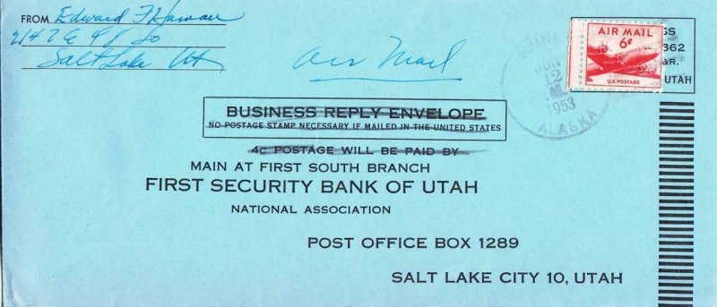 1953, Raine, AK to Salt Lake City, UT, Airmail, #10, 6c Skymaster (38383)