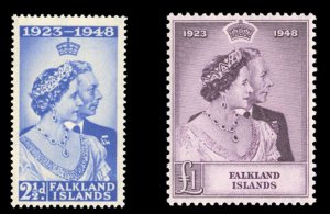 Falkland Islands #99-100 Cat$112, 1948 Silver Wedding, set of two, never hinged