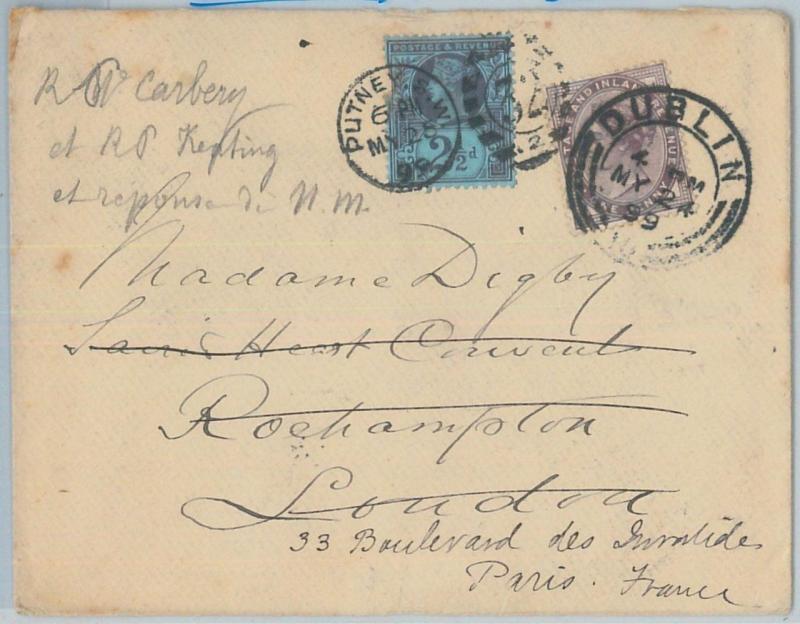 72458 - IRELAND - POSTAL HISTORY - COVER to LONDON, Redirected to FRANCE 1889