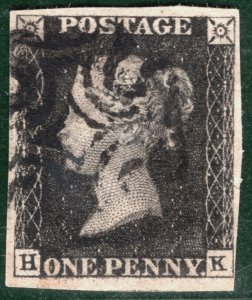 GB PENNY GREY-BLACK QV 1840 Stamp SG.3 1d Plate 6 (HK) Used MX Cat £500 REDB89