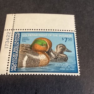 Scott#RW46 - Federal Duck Stamp. Plate Number Single-1979-MNHOG-US