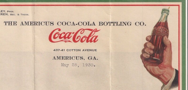 AMERICUS GA COCA-COLA LETTERHEAD hand with bottle design 1930 Fresh Dixie Hounds