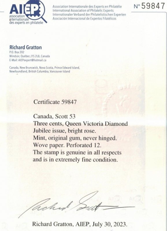 Canada #53 Extra Fine Never Hinged Jumbo Gem **With Certificate**