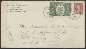 1941 Censored Special Delivery Cover Gaspe PQ to USA #E7 + #233