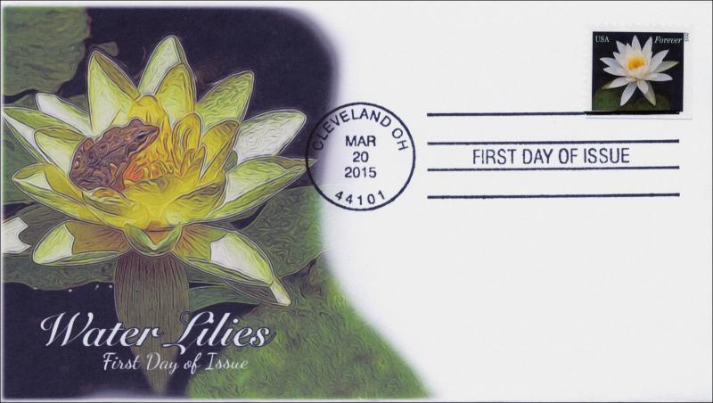 2015, Water Lilies, White, frog, Cleveland OH, FDC, BW Cancel, 15-038