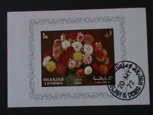 ​SHARJAH-AIRMAIL-1972 FAMOUS ARTS PAINTING-FLOWERS-CTO-IMPERF S/S VF-LAST ONE