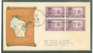 US 739 1934 Wisconsin Tercentennial bl of 4 on an addressed (typed) FDC with a Beverly Hills cachet