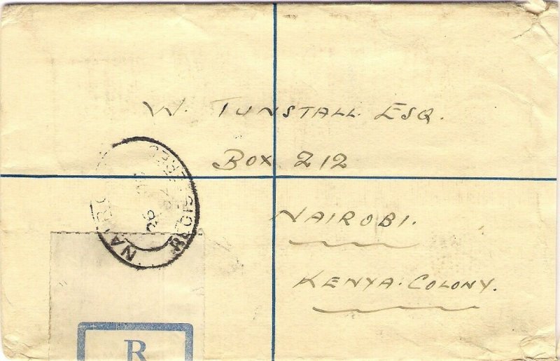 1932 South Africa 4d Registered Postal Stationery Envelope CAPETOWN to NAIROBI