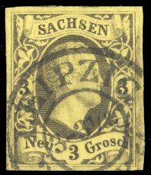 German States, Saxony #8 Cat$25, 1851 3ng black on yellow, used