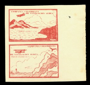 COLOMBIA 1920 AIRMAIL  Plane & Mountains 10c brown red Sc# C11C+C11D setenant NH