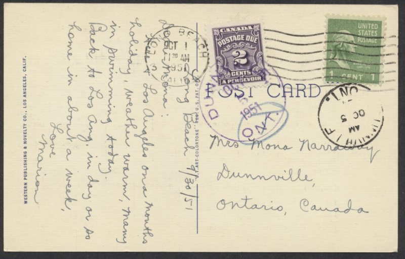 1951 Short Paid Post Card From USA, #J16 2c Due Tied With Dunnville Ont CDS