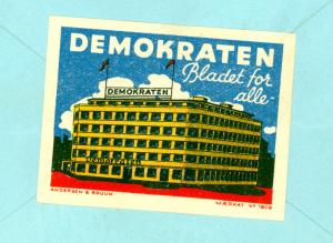 DENMARK 1938 DEMOKRATEN Newspaper Corner Card Cover with Label at Back to USA