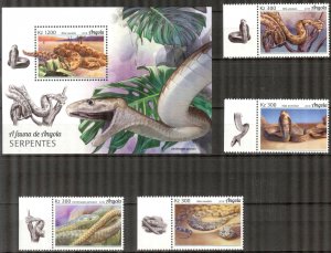 Angola 2018 Reptiles Snakes Set of 4 + S/S MNH