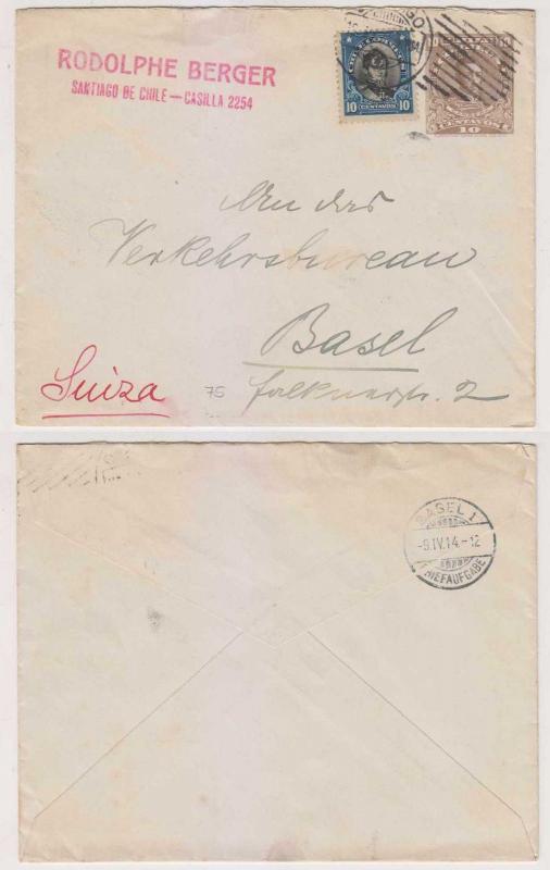 CHILE 1914 PS ENVELOPE H&G B21 + Sc 116 SANTIAGO Cds TO BASEL VF 