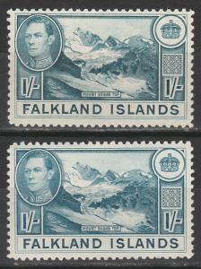 FALKLAND ISLANDS 1938 KGVI MOUNT SUGAR TOP 1/- 2 SHADES