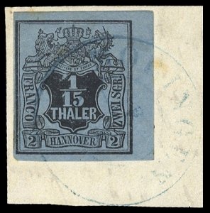 German States, Hannover #5 (Mi. 4) Cat€100, 1851-55 1/15th black on gray bl...