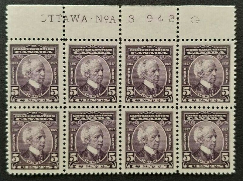 Canada Stamps, Scott #144, 5c Laurier, Plate #3, Upper Block Of Eight, MNH OG XF