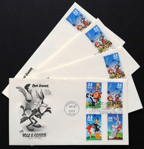 U.S. Used #3391a 33c Wile E Coyote Lot of 4 ArtCraft First Day Covers