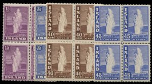 Iceland #203/207 Cat$103.40, 1938-40 Geyser, 15a, 35a, 40a and 45a, blocks of...