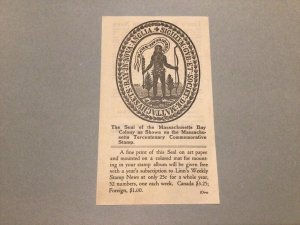 Seal of Massachusetts Colony Linn’s Weekly Stamp News Postal Paper Ref 64646