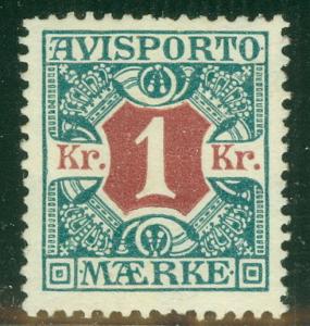 DENMARK #P20 1kr blue green & maroon, og, NH, VF, Scott $475.00