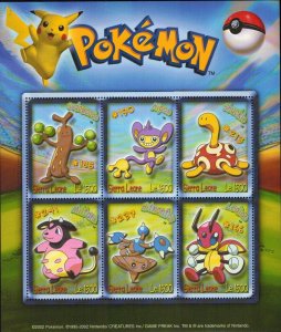 Sierra Leone 2002 - Pokemon - Sheet of 6 Stamps - Scott #2557 - MNH