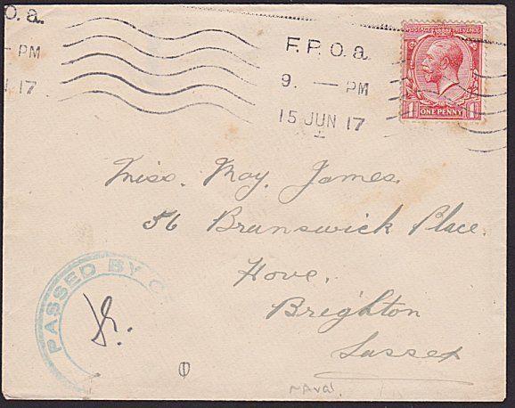 GB SCOTLAND 1917 GV 1d on cover FPOa naval cancel - censor..................6867