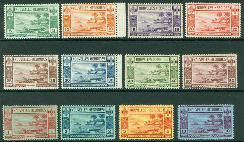 SG F53-F64 New Hebrides 1938. 5c-10f set of 12. Fine unmounted mint CAT £300