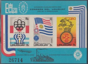 URUGUAY Sc # C418a.1 CPL MNH S/S IMPERF- UPU EMBLEMS, MONTREAL OLYMPICS, FLAGS