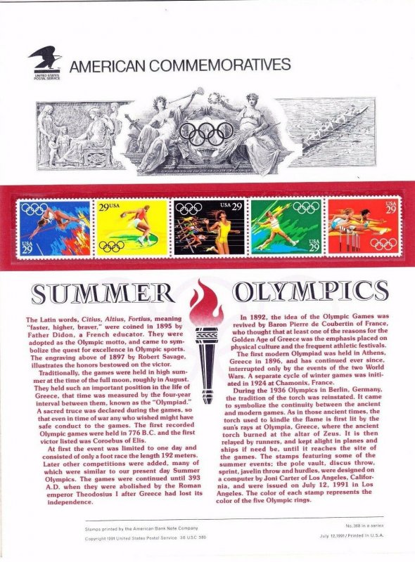 USPS Commemorative Panel 368 Summer Olympics #2557a Strip/5 Mint 1991  