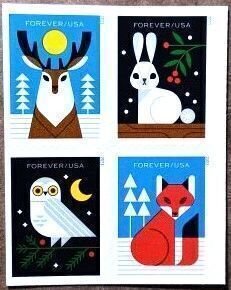 U.S.#5822-25 Winter Woodland Animals 66c Mixed Booklet Block of 4 MNH.